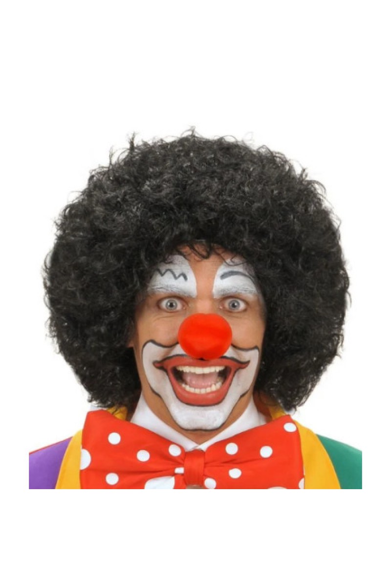 Siyah Renk Kıvırcık Afro Bonus Peruk Saç ve Kırmızı Sünger Burun Seti