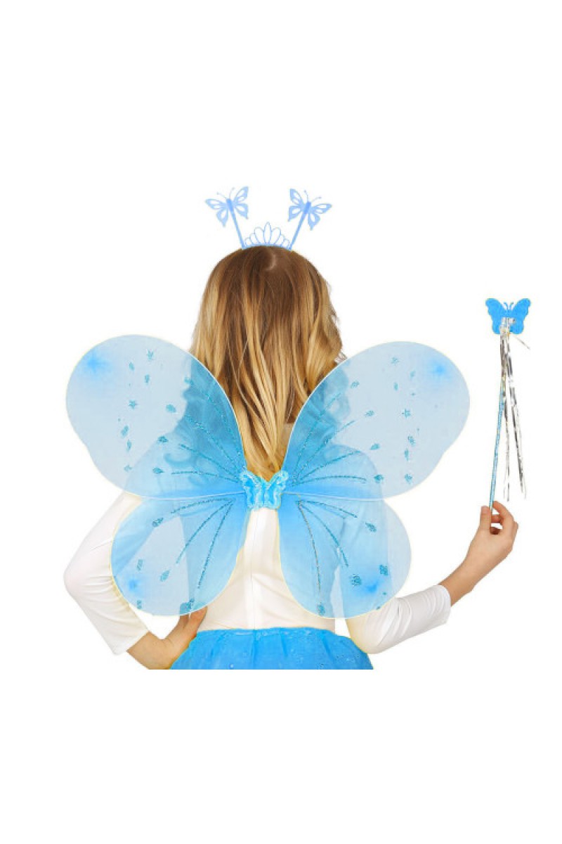 Mavi Kelebek Erkek-Kız Seti 50 cm Kelebek Kanadı Taç ve Asa