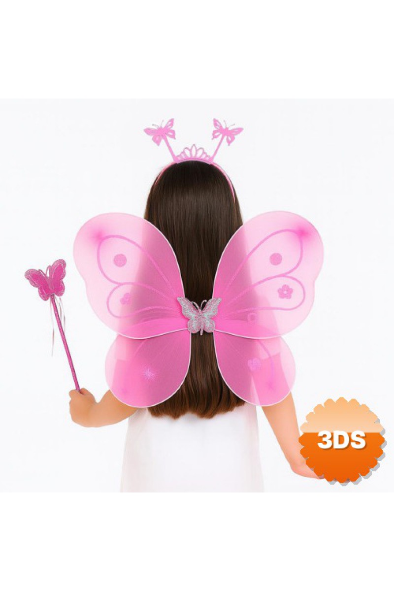 Pembe Kelebek Kız Seti 50 cm Kelebek Kanadı, Taç ve Asa