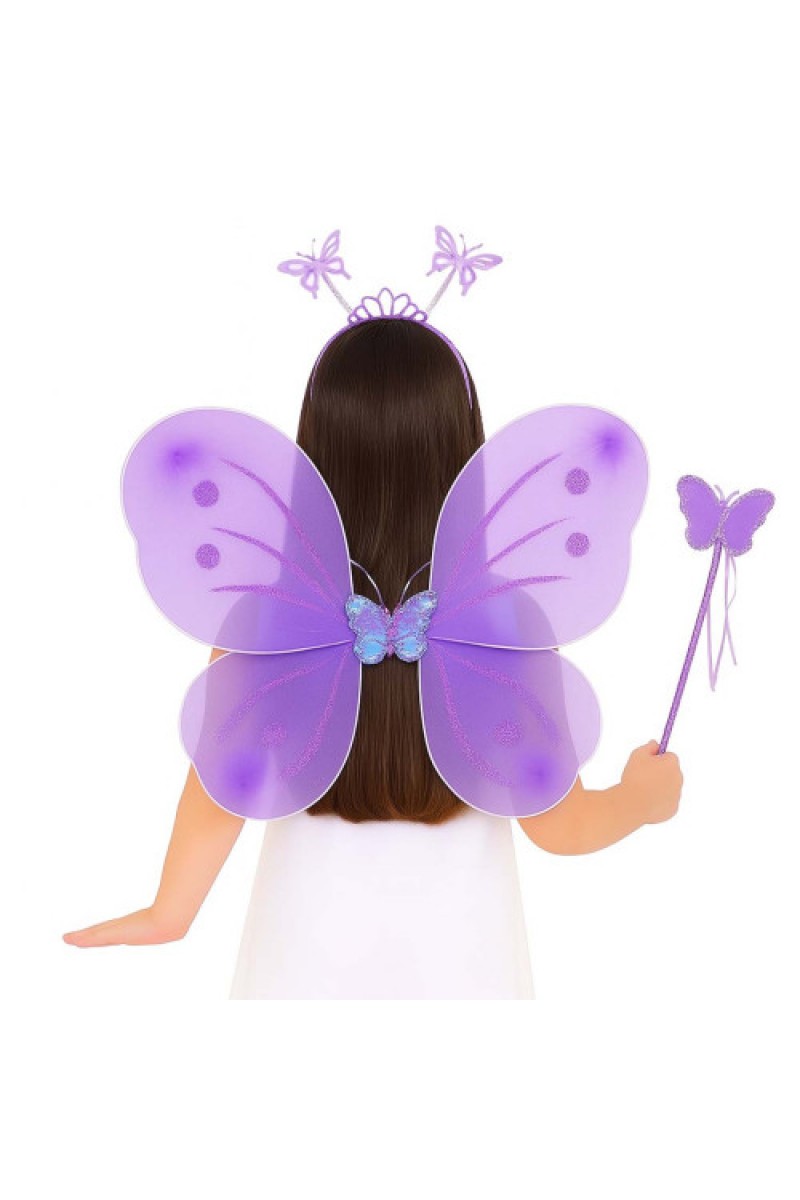Lila Mor Kelebek Kız Seti 50 cm Kelebek Kanadı Taç ve Asa