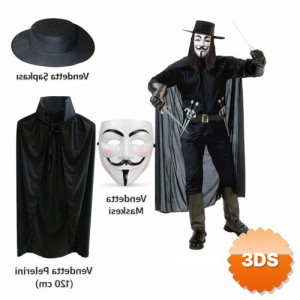Vendetta Kostüm Seti Şapka Maske ve 120 cm Pelerin 3 Parça