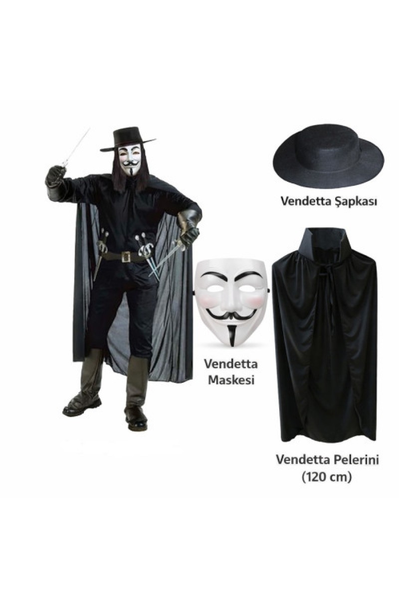Vendetta Kostüm Seti Şapka Maske ve 120 cm Pelerin 3 Parça