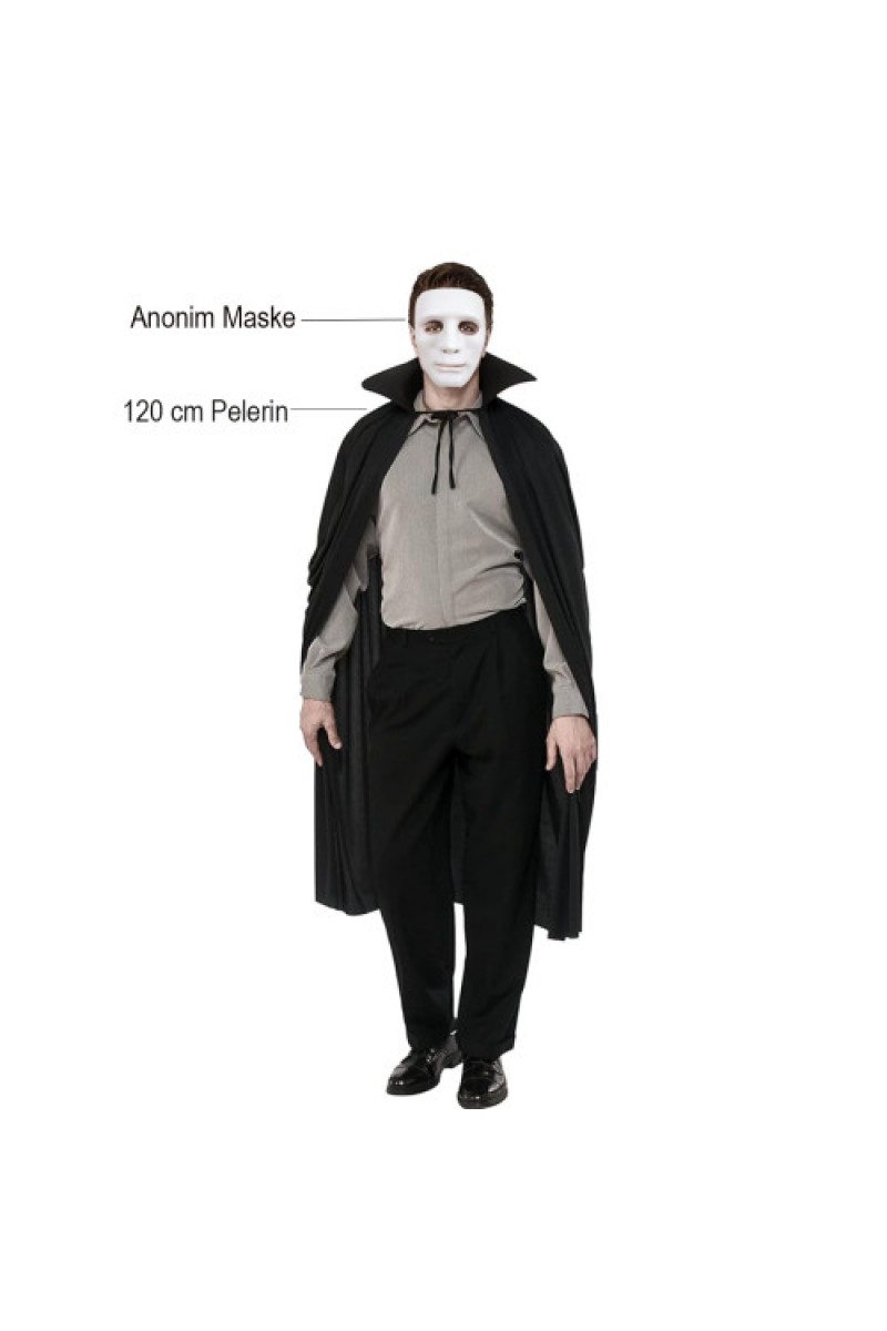 Siyah Renk Yakalı 120 cm Pelerin ve Beyaz Anonim Maske