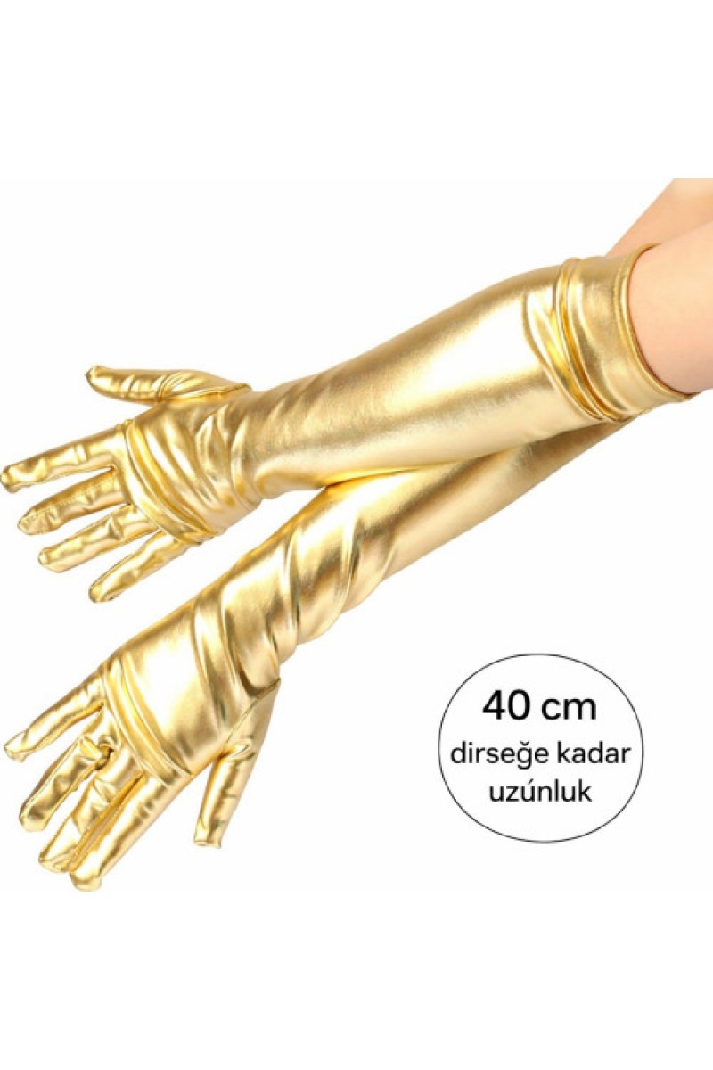 Altın Renk Dirsek Altı Lüks Saten Eldiven 40 cm