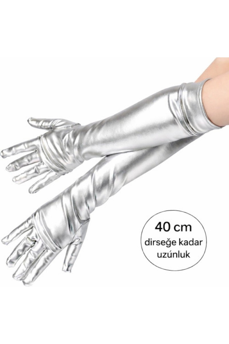 Gümüş Renk Dirsek Altı Lüks Saten Eldiven 40 cm