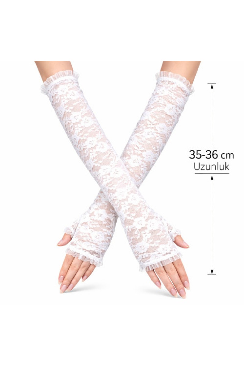 Uzun Zarif Dantel Eldiven Parmaksız Beyaz 35 cm