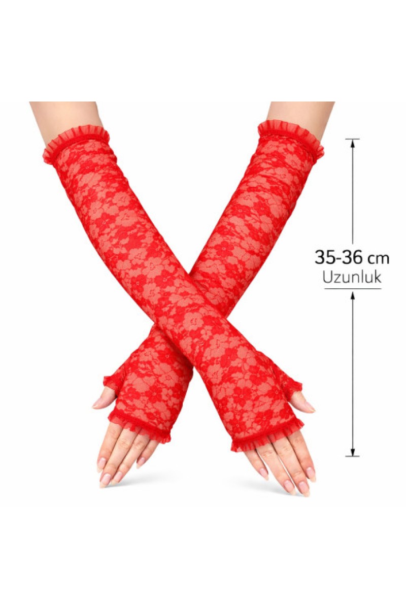 Uzun Zarif Dantel Eldiven Parmaksız Kırmızı 35 cm