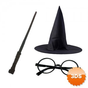 Harry Potter Siyah Şapkası Harry Potter Gözlüğü Harry Potter Asası 3'lü Set