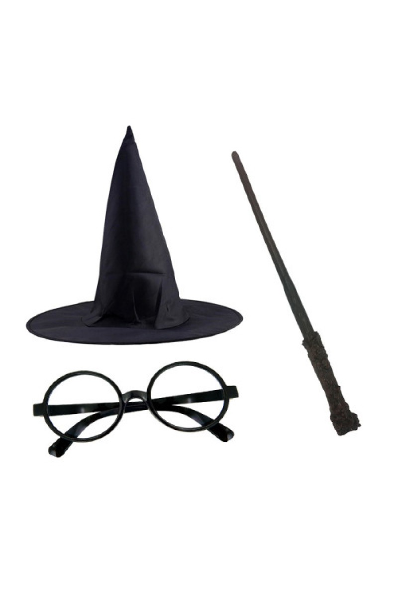 Harry Potter Siyah Şapkası Harry Potter Gözlüğü Harry Potter Asası 3'lü Set