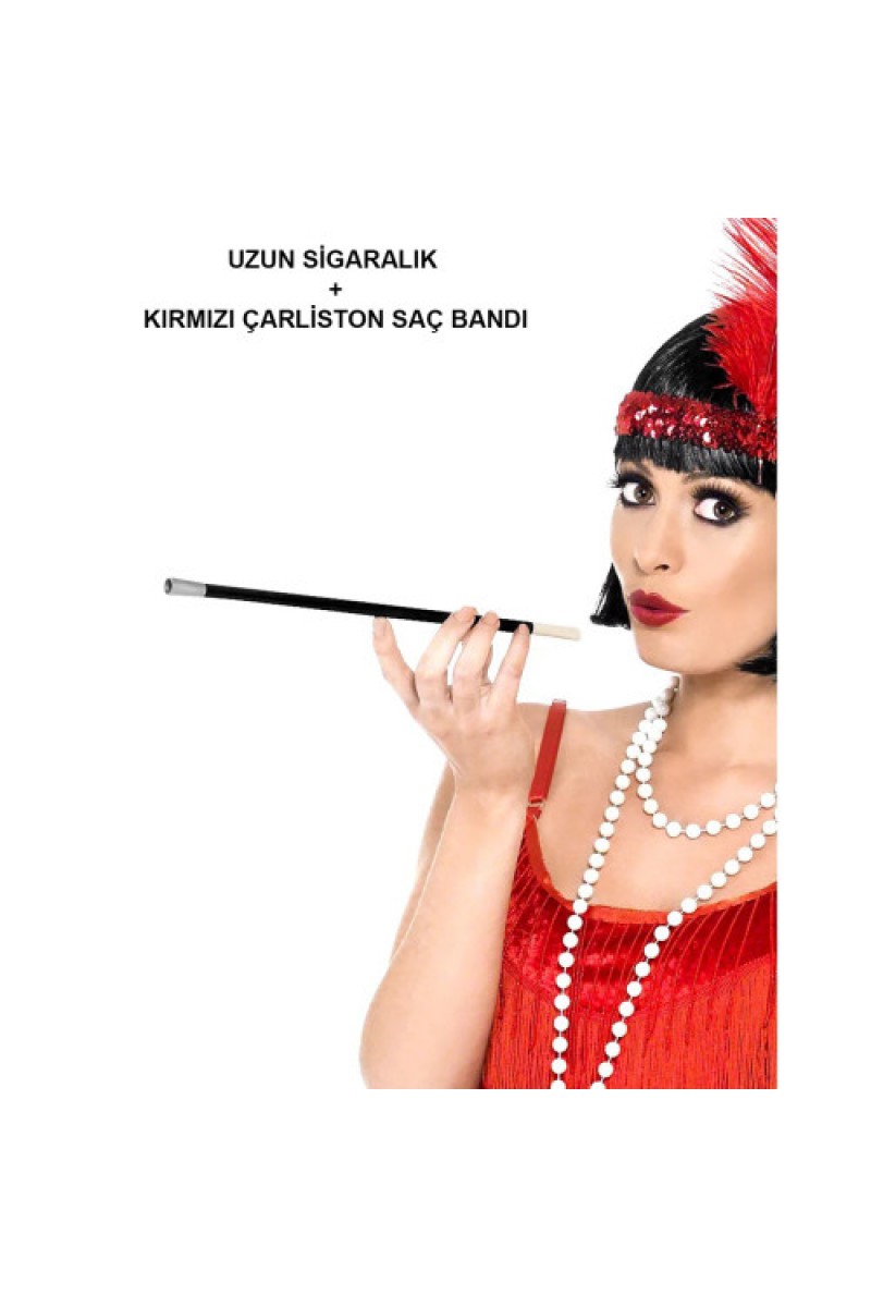 1920ler 1990lar Gatsby Kadın Aksesuar Seti – Kırmızı Charleston Saç Bandı ve Sigaralık