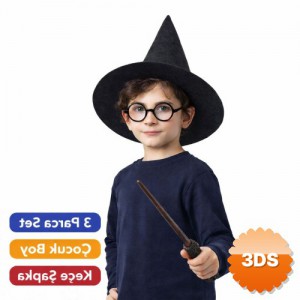 Harry Potter Tarzı Çocuk Seti Siyah Keçe Şapka, Asa ve Gözlük