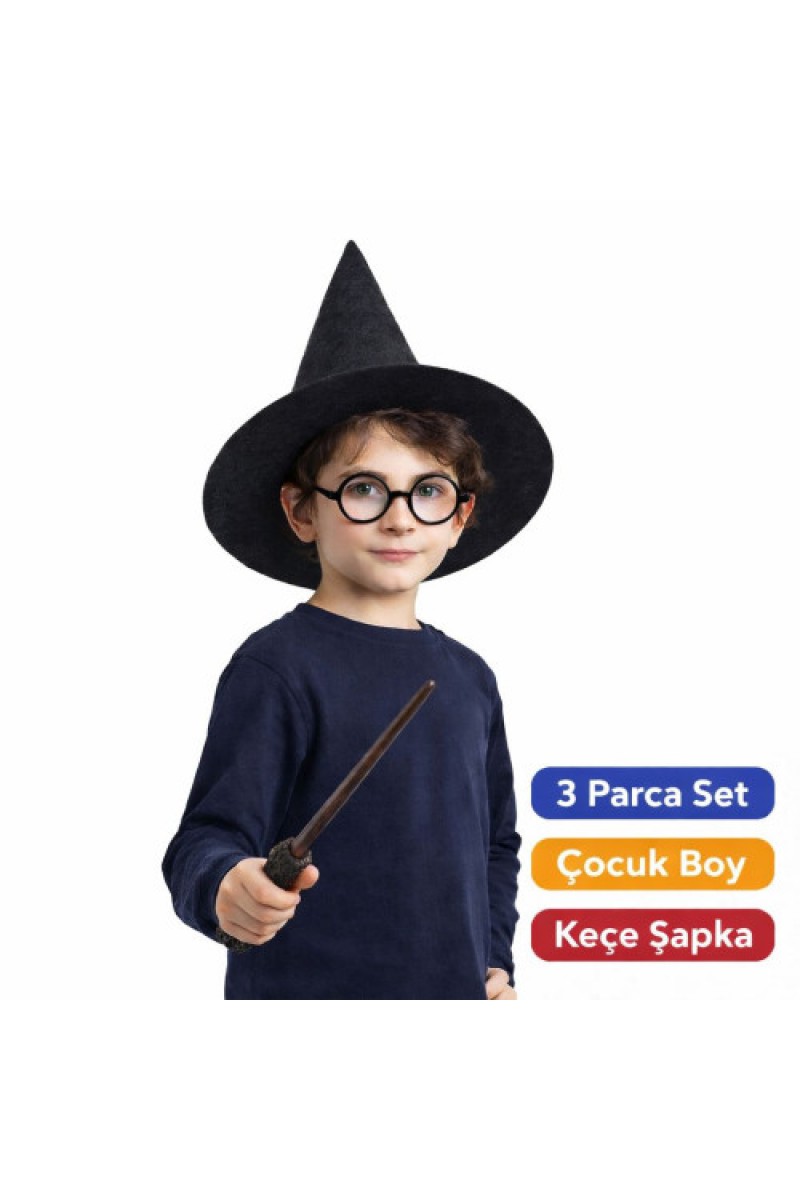 Harry Potter Tarzı Çocuk Seti Siyah Keçe Şapka, Asa ve Gözlük