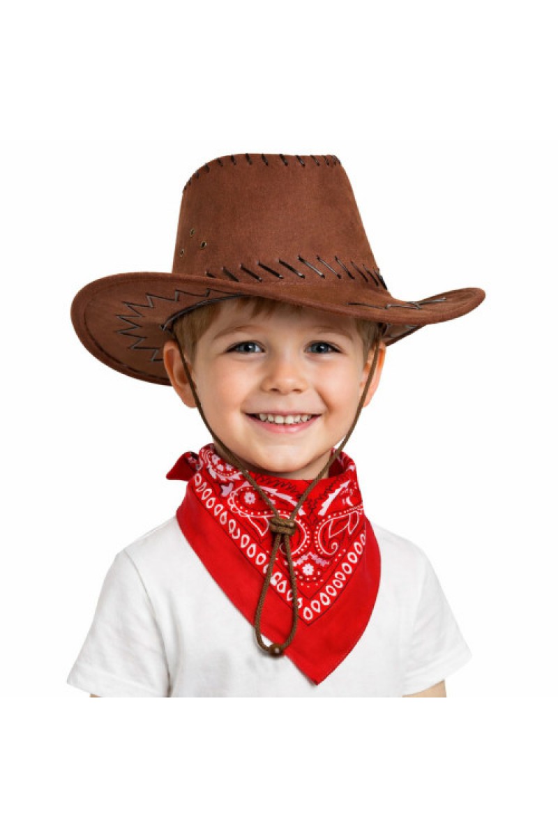 Çocuk Kovboy Şapka Kahverengi &amp; Kırmızı Bandana Fular Seti