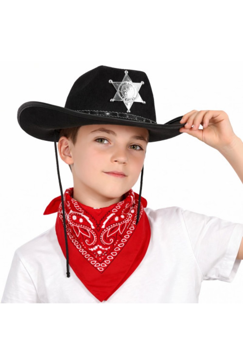 Çocuk Kovboy Şapka Rozetli Siyah &amp; Kırmızı Bandana Fular Seti