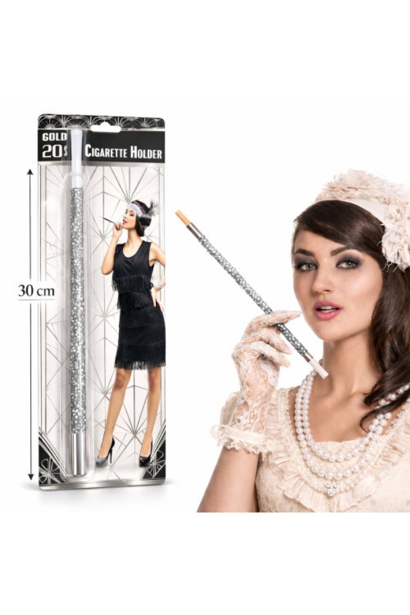 30 cm Gümüş Payetli Sigara Tutacağı 1920'ler Gatsby Parti Aksesuarı