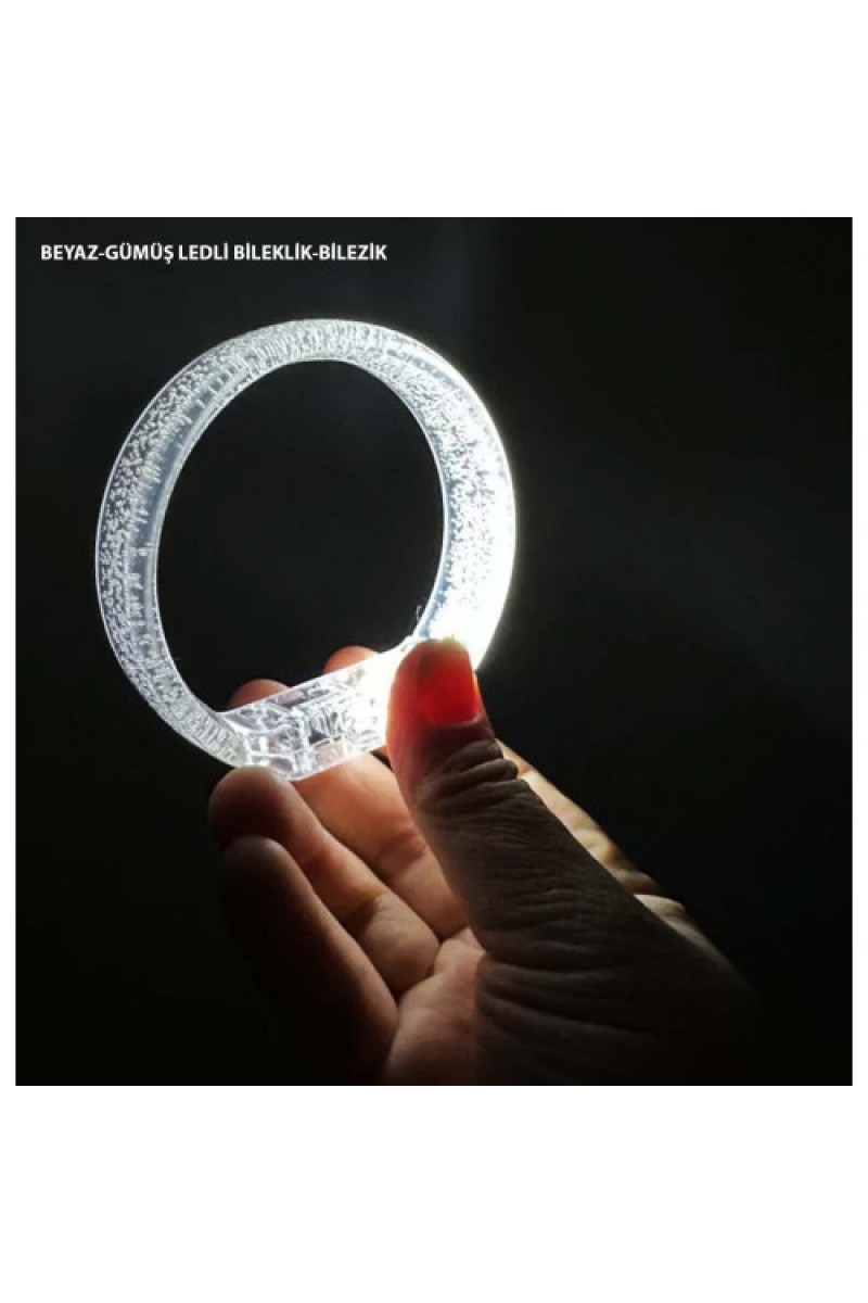 Beyaz-Gümüş Led Işıklı Baskı Yapılabilen Pilli Bileklik Bilezik 1,5 cm Genişlik