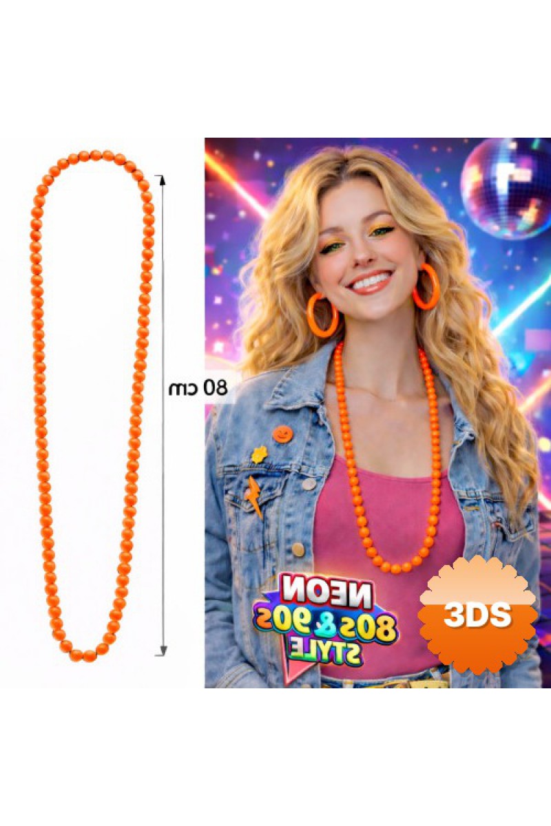 Neon Turuncu Boncuk Kolye 80 cm Retro Parti Aksesuarı