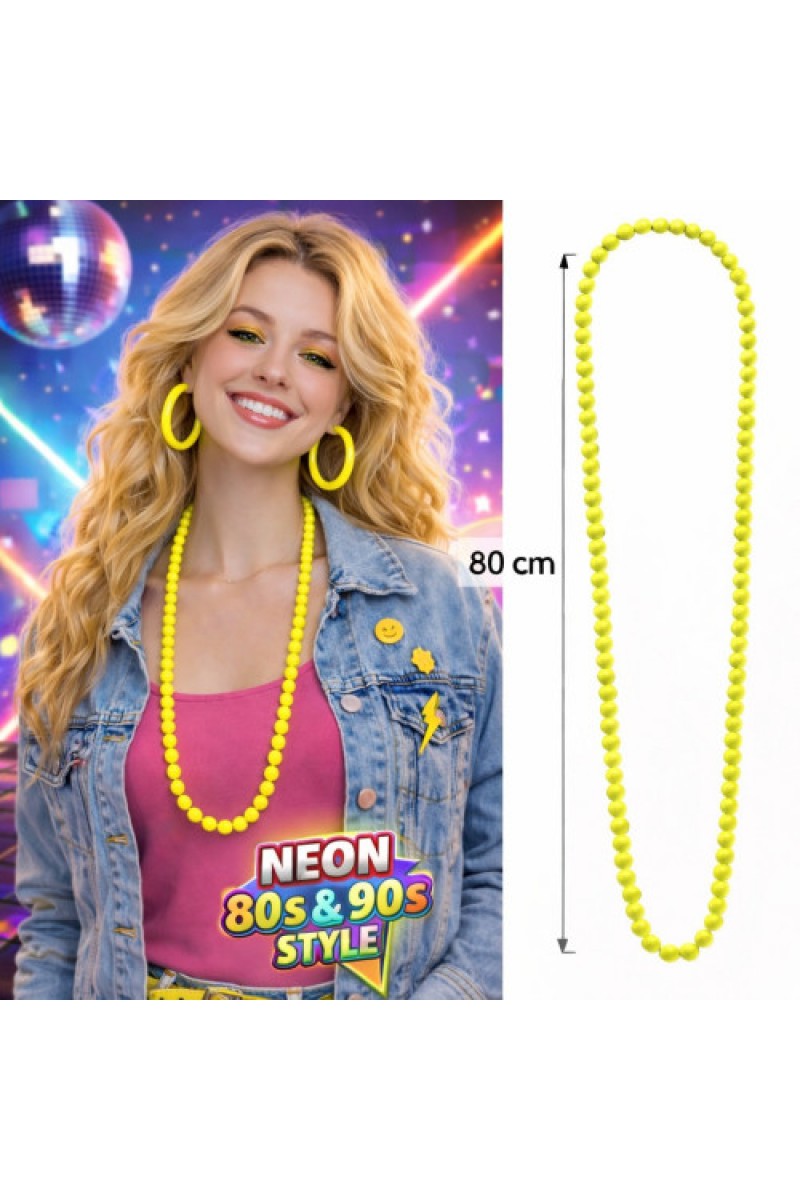 Neon Sarı Boncuk Kolye 80 cm Retro Parti Aksesuarı