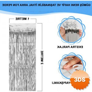 Gümüş Renk Metalize Parlak Saçaklı Arka Fon Perde 1x2 Metre