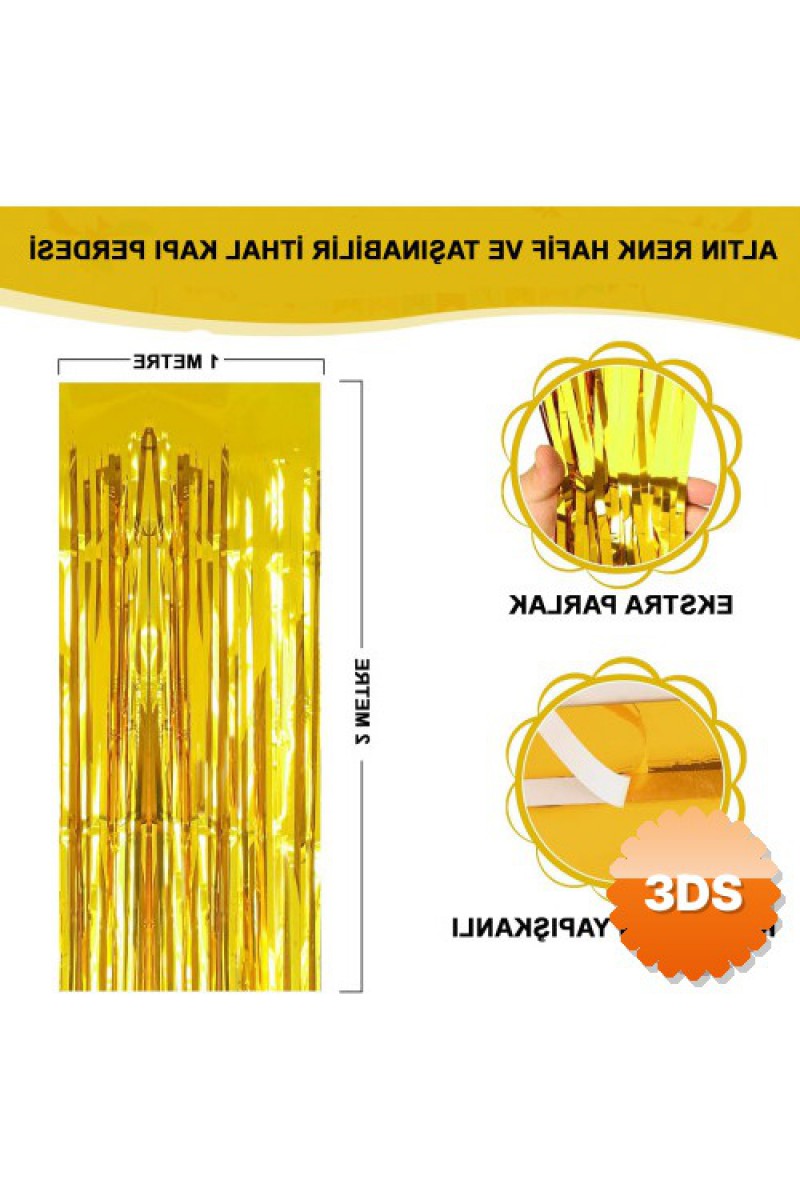 Altın Gold Renk Ekstra Metalize Parlak Saçaklı Arka Fon Perde 1x2 Metre