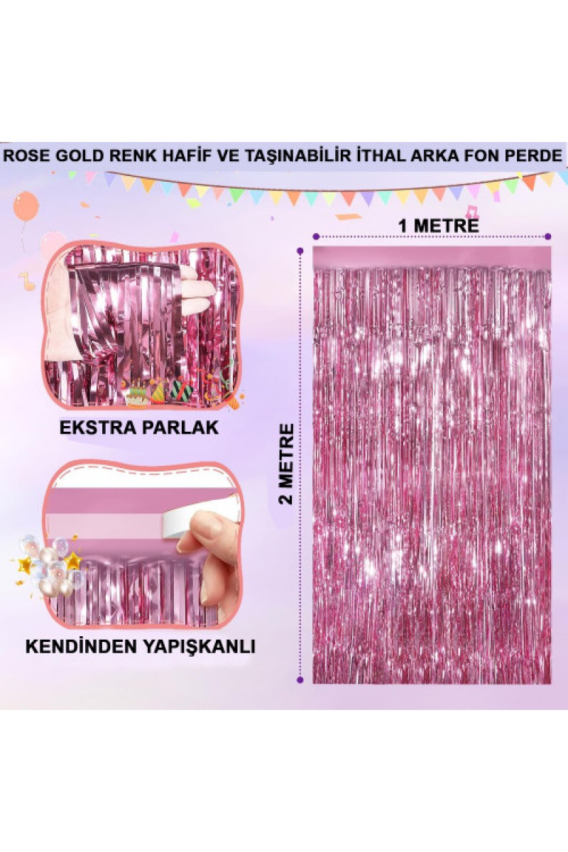 Rose Gold Ekstra Metalize Parlak Saçaklı Arka Fon Perde 1x2 Metre