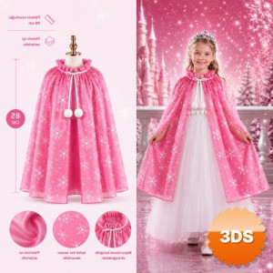 Kar Tanesi Desenli Pembe Elsa Pelerini Astarlı Frozen Pelerini 85 cm