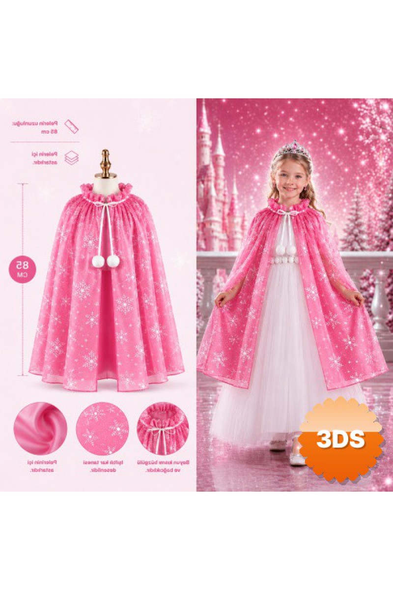 Kar Tanesi Desenli Pembe Elsa Pelerini Astarlı Frozen Pelerini 85 cm