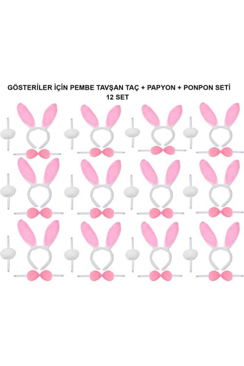 Pembe Tavşan Kostüm Seti Taç Papyon Ponpon 12'li Paket