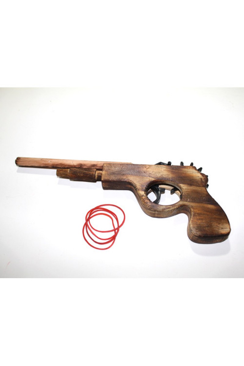 Ahşap Lastik Atan Tabanca, 21 cm Doğal Ahşap Oyuncak