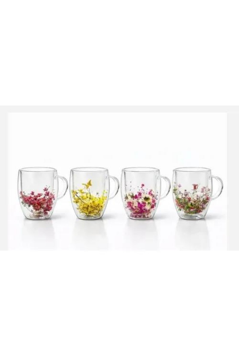 Çift Camlı Çiçekli Kupa Bardak (ALK4472)