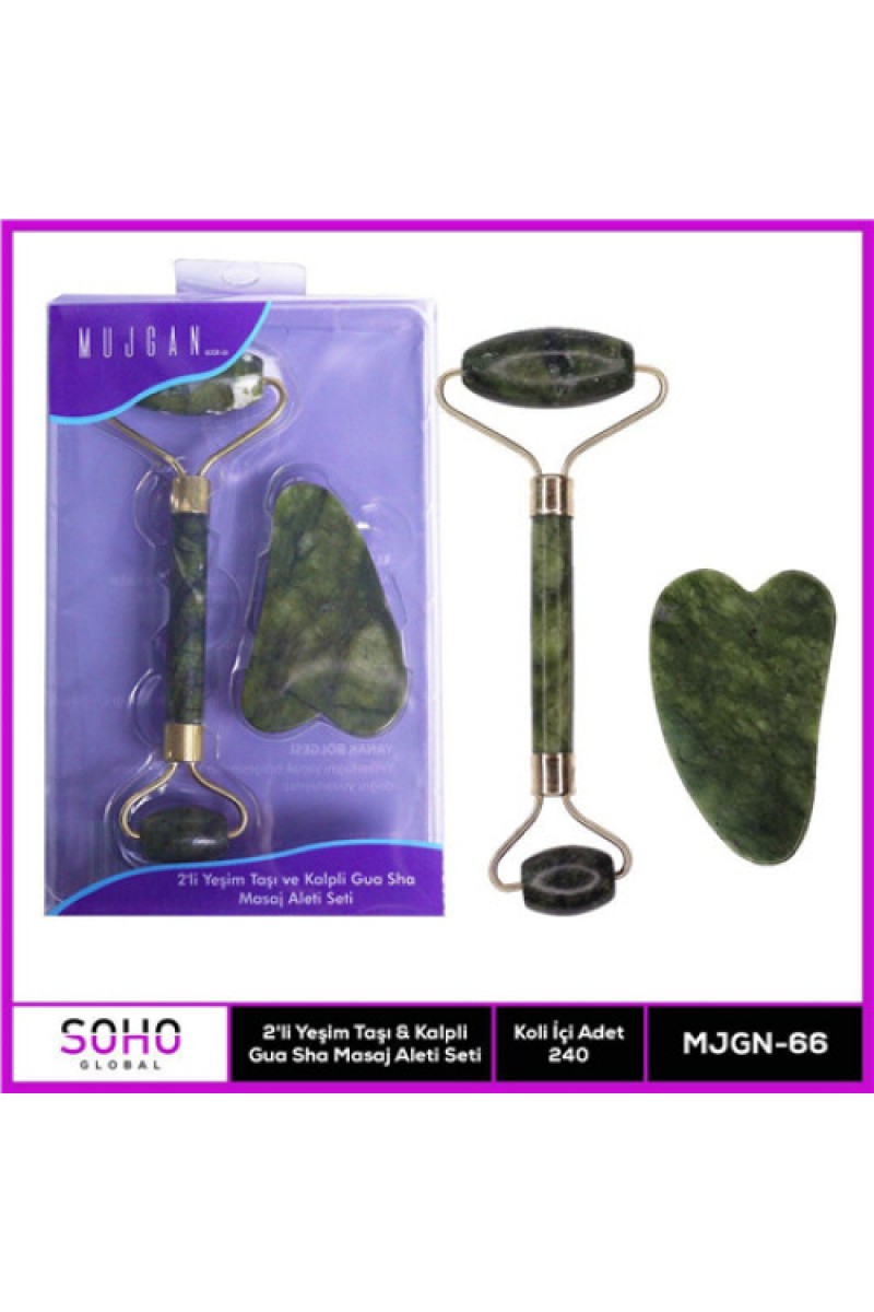 2'li Yeşim Taşı Kutulu Set, Yüz Masaj Roller ve Gua Sha Taşı