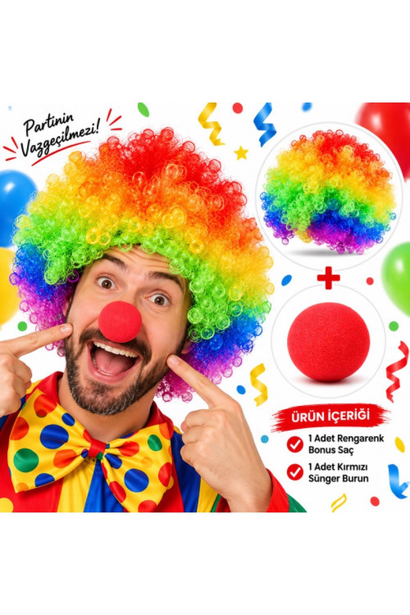 Rengarenk Bonus Saç ve Kırmızı Sünger Burun Seti