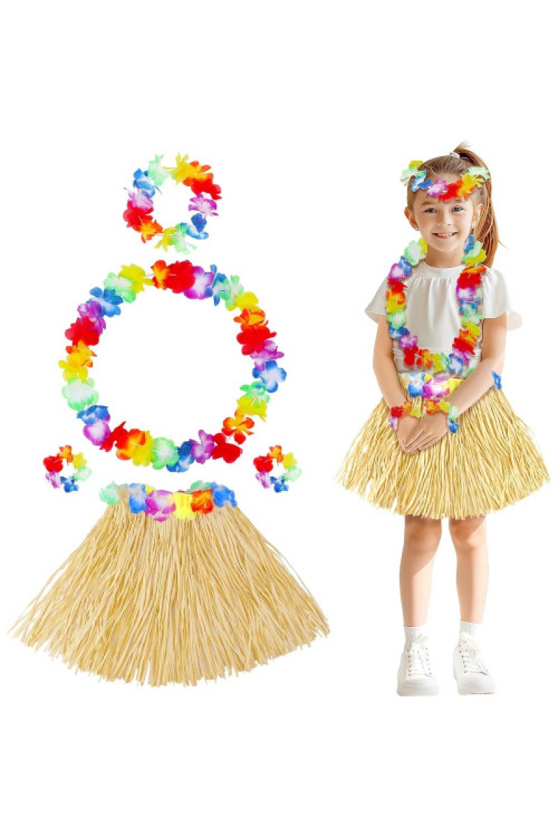 Yetişkin Çocuk Hawaii Parti Seti 40 cm Naturel Etek ve Çiçek Aksesuarlar 5 Parça