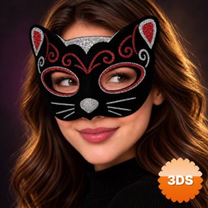 Kadife Sim Detaylı Işıltılı Kedi Maskesi Kırmızı Gümüş 20x13 cm