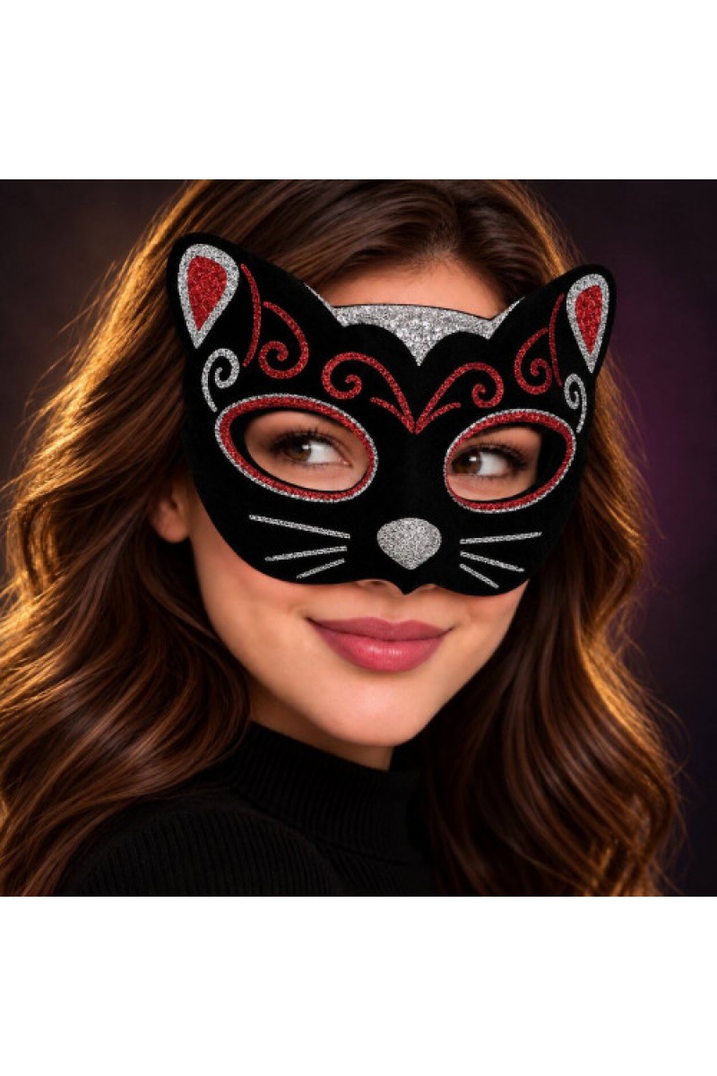 Kadife Sim Detaylı Işıltılı Kedi Maskesi Kırmızı Gümüş 20x13 cm