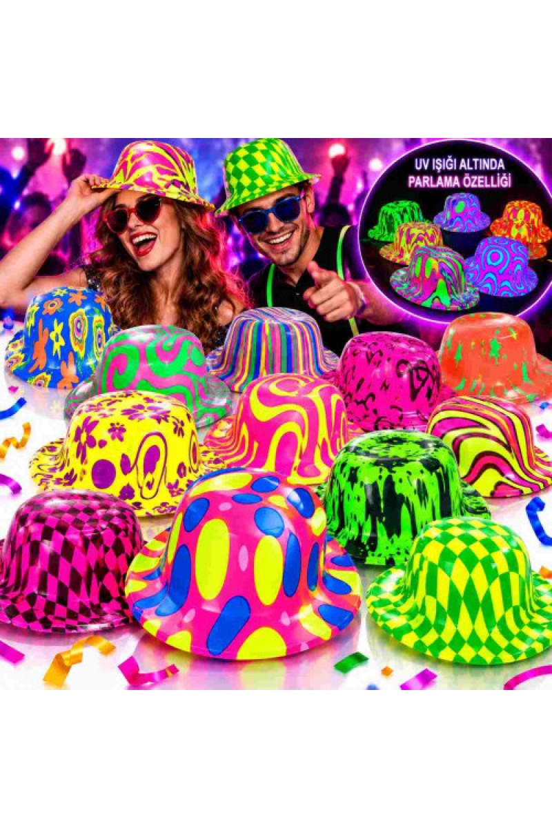 Neon Desenli UV Işıkta Parlayan Parti Şapkası – Karışık 1 Adet