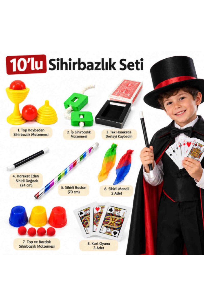 10 Parçalı Çocuk Sihirbazlık Seti – Sihirli Değnek, Baston ve Sihir Oyunları