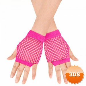 80'ler 90'lar Retro Neon Fuşya Şeker Pembesi File Parmaksız Kısa Eldiven 11 cm