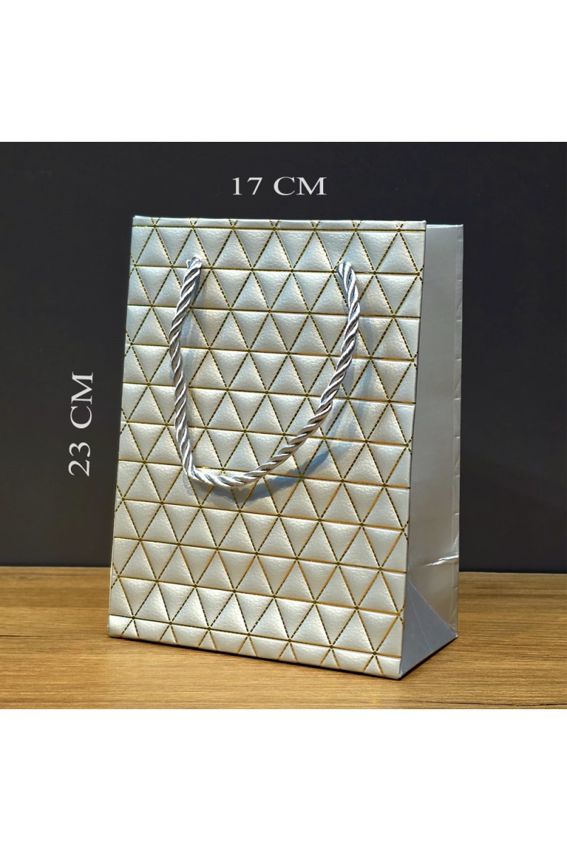 Gümüş Geometrik Desenli Orta Boy Karton Hediye Çantası 23x17 cm