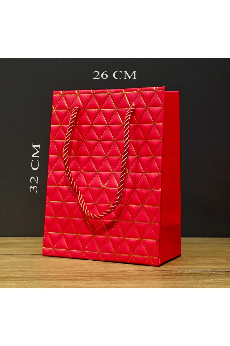 Kırmızı Geometrik Desenli Büyük Boy Karton Hediye Çantası 26x32 cm