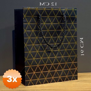 3 Adet Siyah Geometrik Desenli Mini Boy Karton Hediye Çantası 16x12 cm