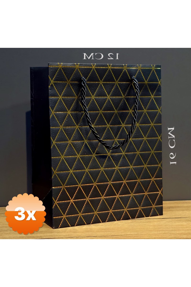 Siyah Geometrik Desenli Mini Boy Karton Hediye Çantası 16x12 cm