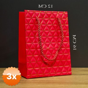 3 Adet Kırmızı Geometrik Desenli Mini Boy Karton Hediye Çantası 16x12 cm