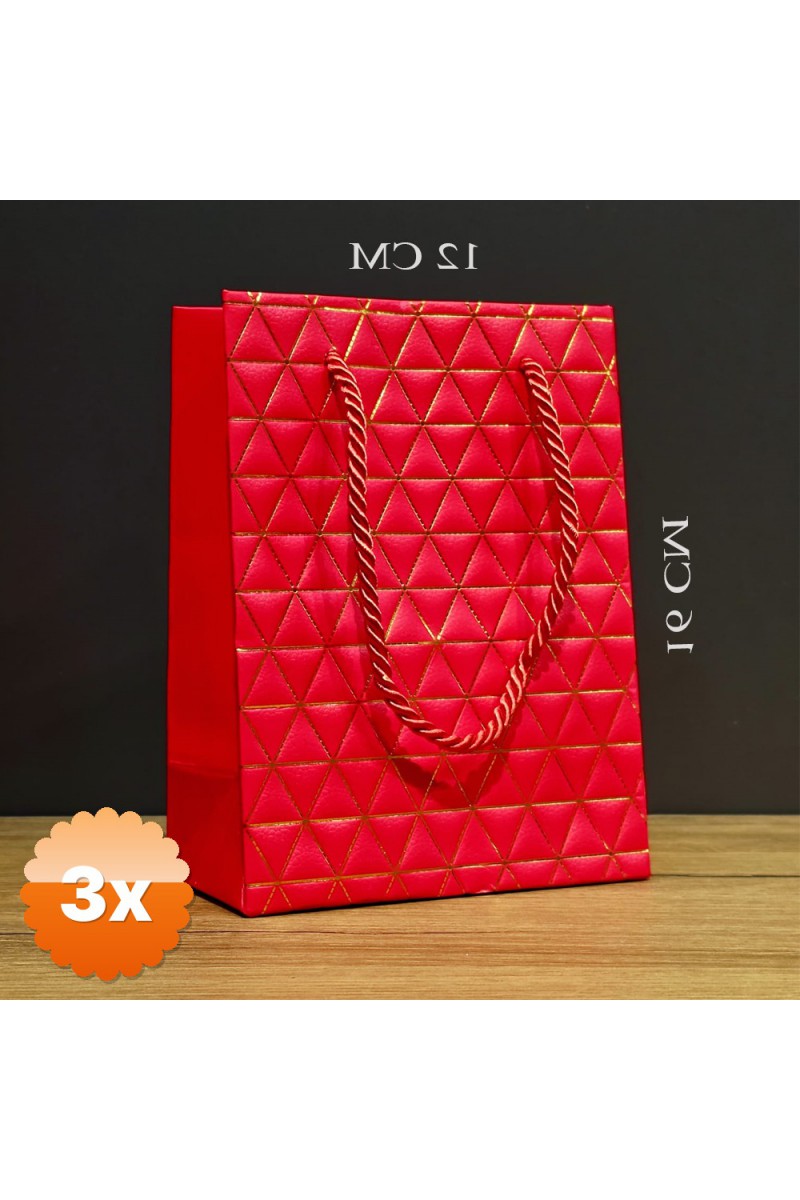 Kırmızı Geometrik Desenli Mini Boy Karton Hediye Çantası 16x12 cm