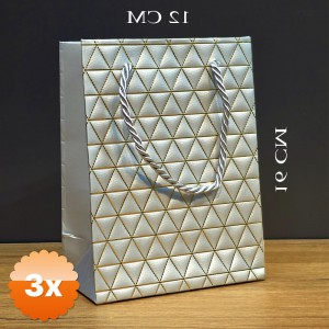 3 Adet Gümüş Geometrik Desenli Mini Boy Karton Hediye Çantası 16x12 cm
