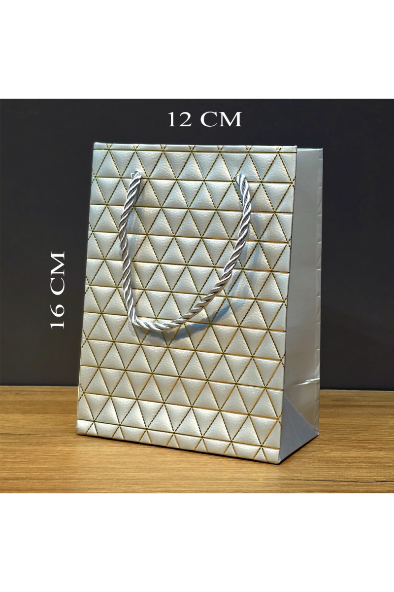 Gümüş Geometrik Desenli Mini Boy Karton Hediye Çantası 16x12 cm