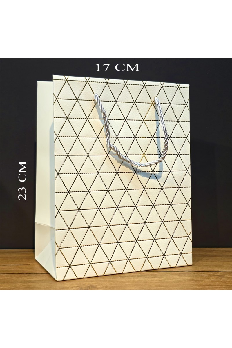 Beyaz Geometrik Desenli Orta Boy Karton Hediye Çantası 23x17 cm