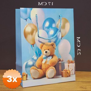 3 Adet Ayıcık Desenli Mavi Küçük Boy Karton Hediye Çantası 23x17 cm