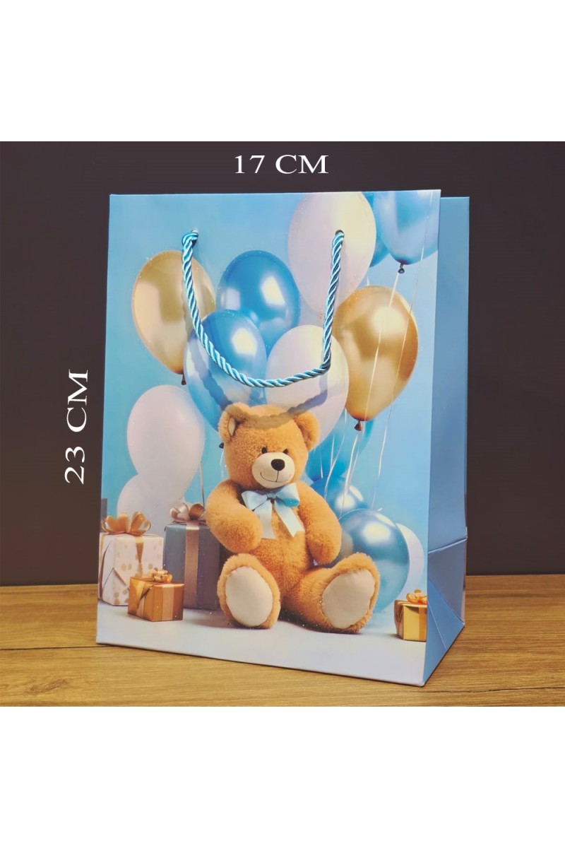Ayıcık Desenli Mavi Küçük Boy Karton Hediye Çantası 23x17 cm