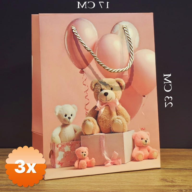 3 Adet Ayıcık Desenli Pembe Küçük Boy Karton Hediye Çantası